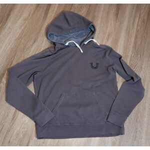 True Religion Mens Horseshoe Logo Pullover Hoodie Gray Purple Fleece Large USA